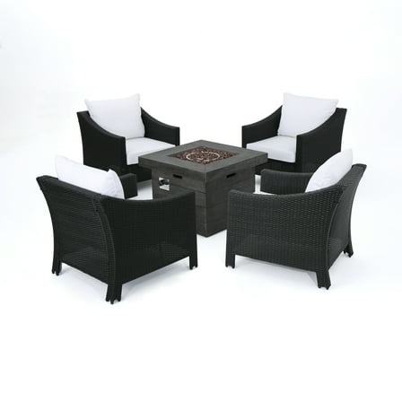 Gregory Outdoor 5 Piece Wicker Club Chairs Fire Pit Chat Set, Black, Grey, White Cushion