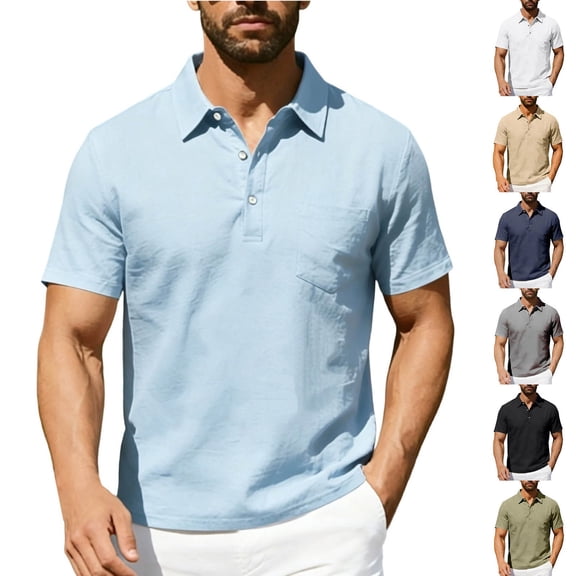 Men's Summer Linen Polo Shirt, Short Sleeve Buttoned Collared Top with Chest Pocket for Beach and Casual Outings Light Blue