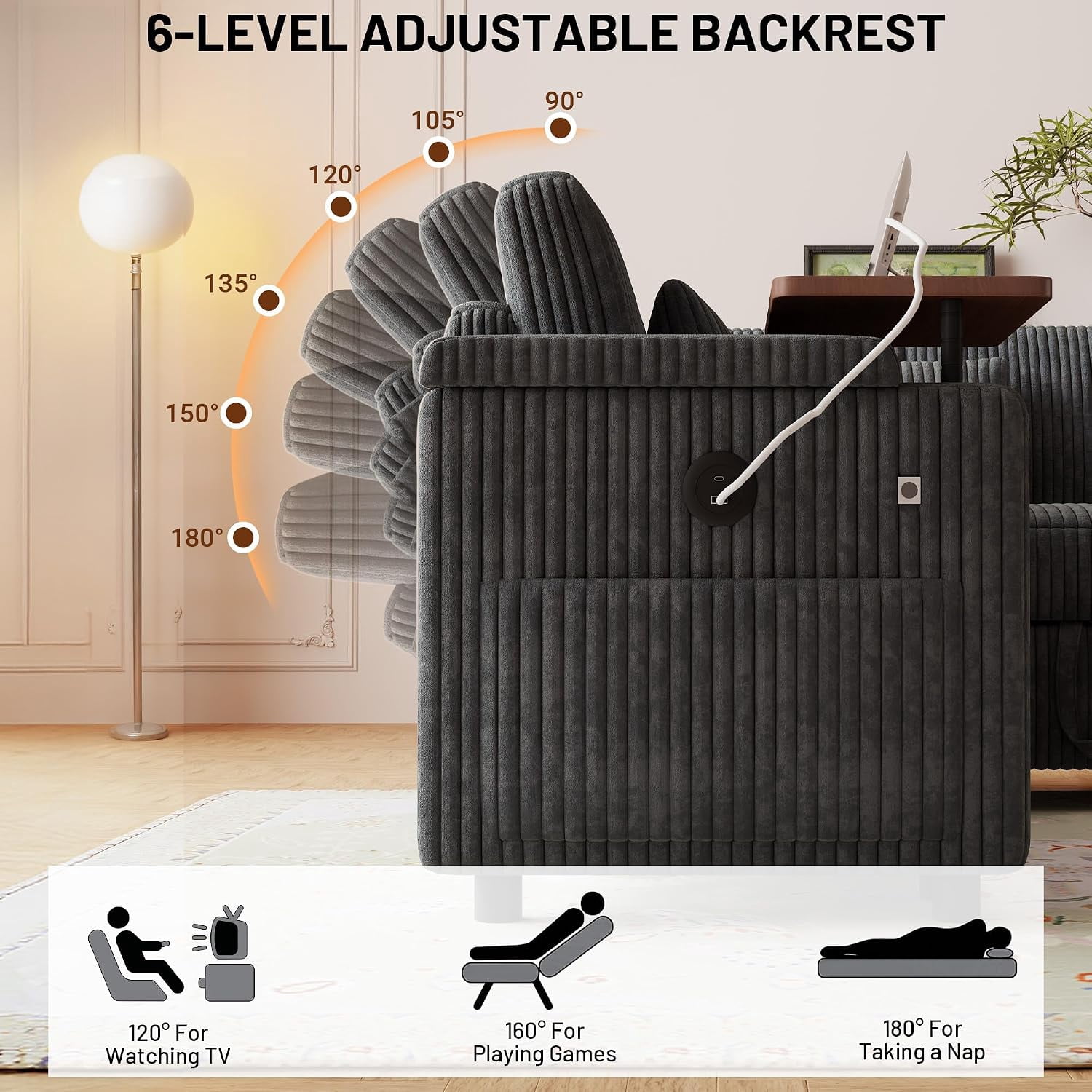 ShiKeyi 100'' Pull-out Sofa With USB ports, Table Board and Cup Holder, Comfortable Soft Cushioned Corduroy Fabric Sofa Bed, Extra-large U-shaped Combination Storage sofa bed, Dark Gray