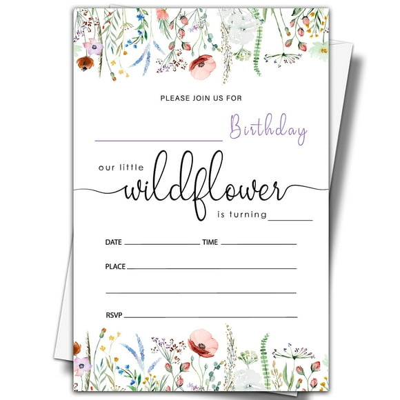 Ensemble d'Invitations d'Anniversaire Jardin Floral, 20 Cartes d'Invitation de Fleurs Sauvages avec Enveloppes, Parfait pour les Célébrations des Garçons et des Filles, Fournitures de Fête 4 Pouces x 6 Pouces pour des Événements Mémorables
