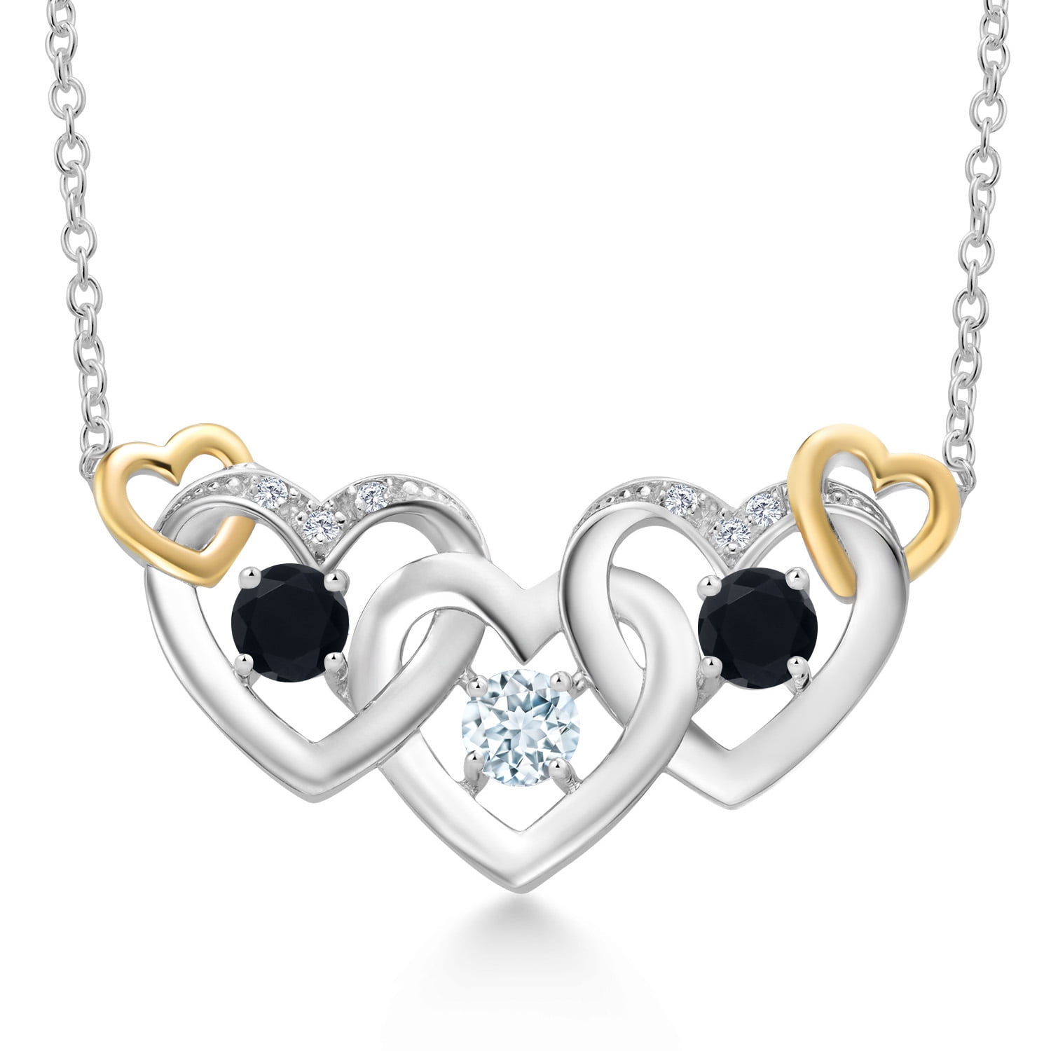 Gem Stone King 925 Silver and 10K Yellow Gold Sky Blue Aquamarine Black Onyx and White Lab Grown Diamond Heart Shape Pendant Necklace for Women (0.75 Cttw, with 18 inch Chain)