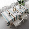 thumbnail image 1 of Mantel de comedor sencillo, mantel de cocina rectangular, mantel de jardín a rayas con decoración de pompones (140*200cm) azul y blanco, 1 of 5