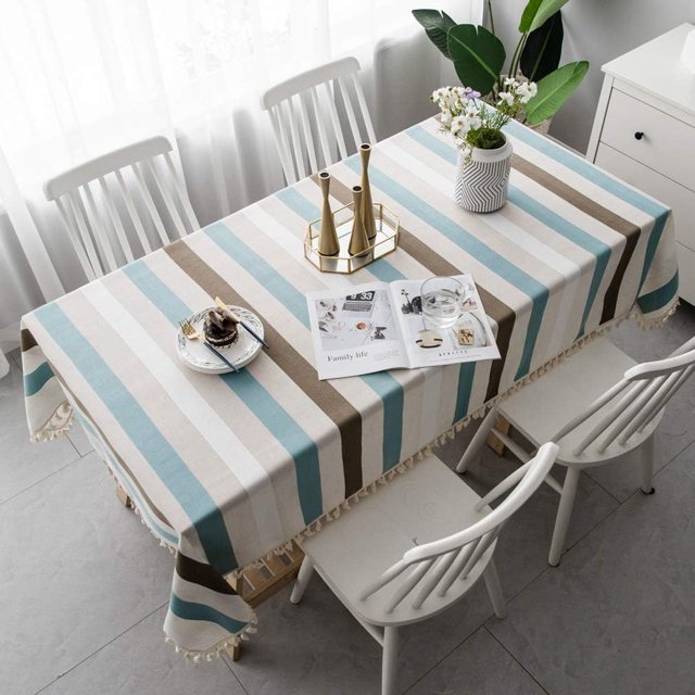 Mantel de comedor sencillo, mantel de cocina rectangular, mantel de jardín a rayas con decoración de pompones (140*200cm) azul y blanco