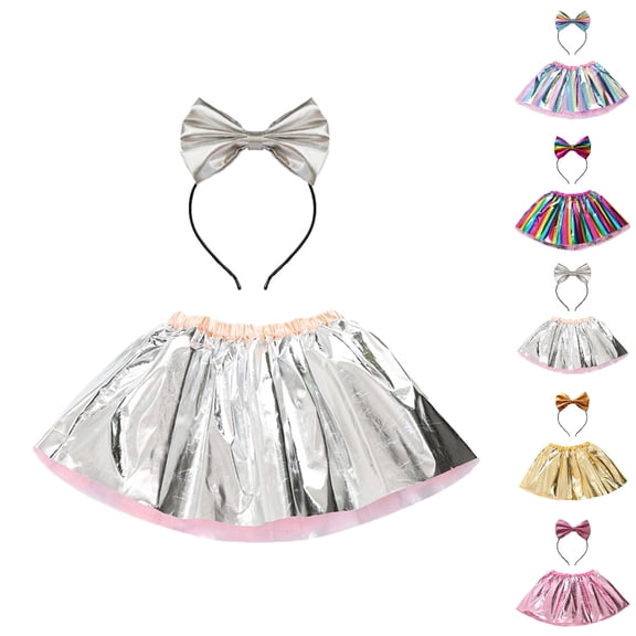 HJYCHN Skirts for Girls High Waist Shiny Stripe Mesh Tutu Skirt with Bow Headband Set for Carnival Party Stage Show Back to School Supplies 5-8 Years