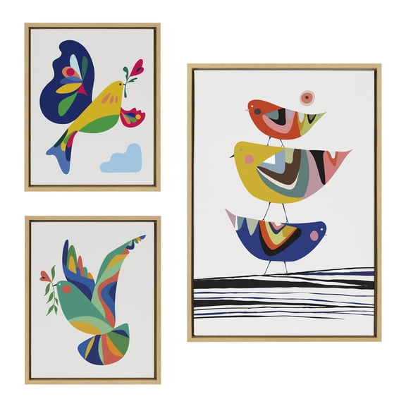 Kate and Laurel Sylvie The Family Tree, Bird of Peace and Peace Dove Framed Canvas Wall Art Set by Rachel Lee of My Dream Wall, 3 Piece Set Natural, Mid-Century Colorful Animal Art for Wall