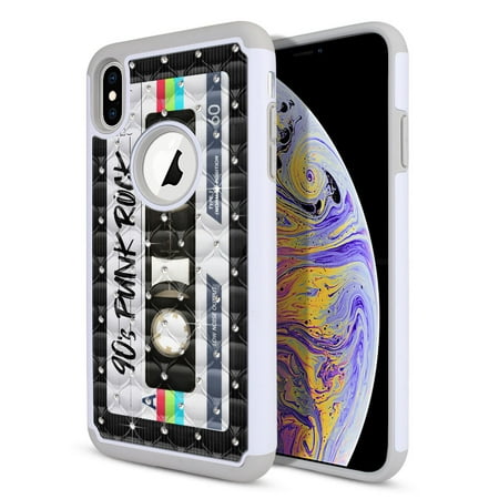 FINCIBO Hybrid Bling Sparkle Cover Case for Apple iPhone XS Max, Retro Black Cassette Tape Punk