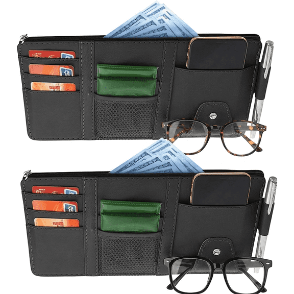2 Pack Car Sun Visor Organizer, Multi-Pocket Storage Pouch with Zipper Pocket, Holder for Card, License, Sunglasses, Pen and Key