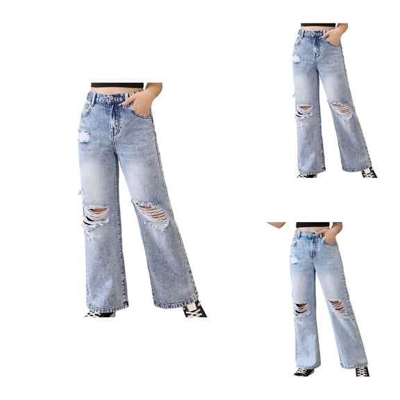 Girls Distressed Wide Leg Jeans – High Waist Loose Fit Ripped Denim Pants for Teenagers, Snow Wash Casual Trousers, Y2K Streetwear for Big Kids Ages 6-14