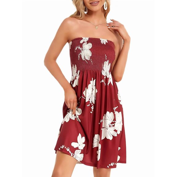 Summer Dresses for Women Beach Cover Ups Strapless Boho Floral Print Sundress Red XXL