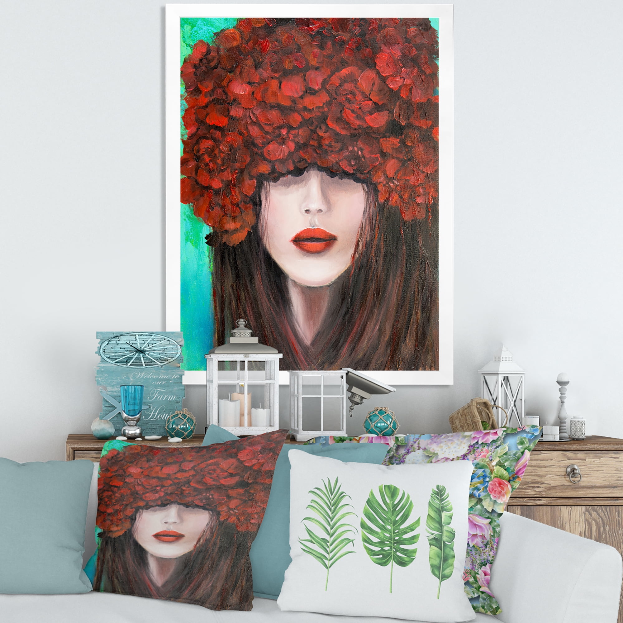 Designart 'Portrait Of A Young Lady With Red Flowers' Modern Framed Art Print