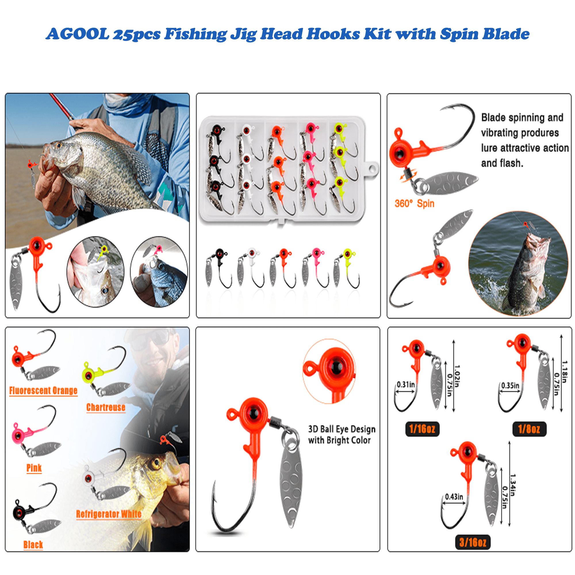 Crappie Fishing Jig Heads Kit,25pcs Underspin Lures Jig Head with