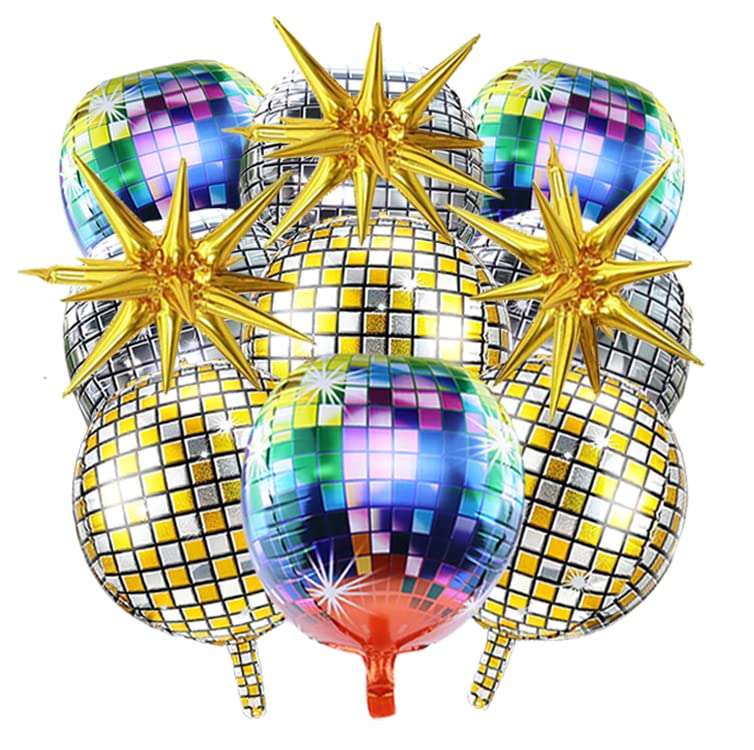 12 Pcs Big Disco Ball Balloons, 22 inch Round Metallic Aluminum Foil Disco Balloons, Huge Gold