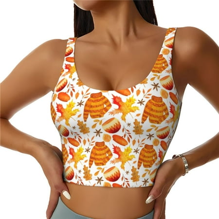 Adobk Autumn Sweater Warmth Print Sports Bras for Women Longline Workout Crop Tank Tops Padded with Built in Shelf Padded Sports Bra-Large