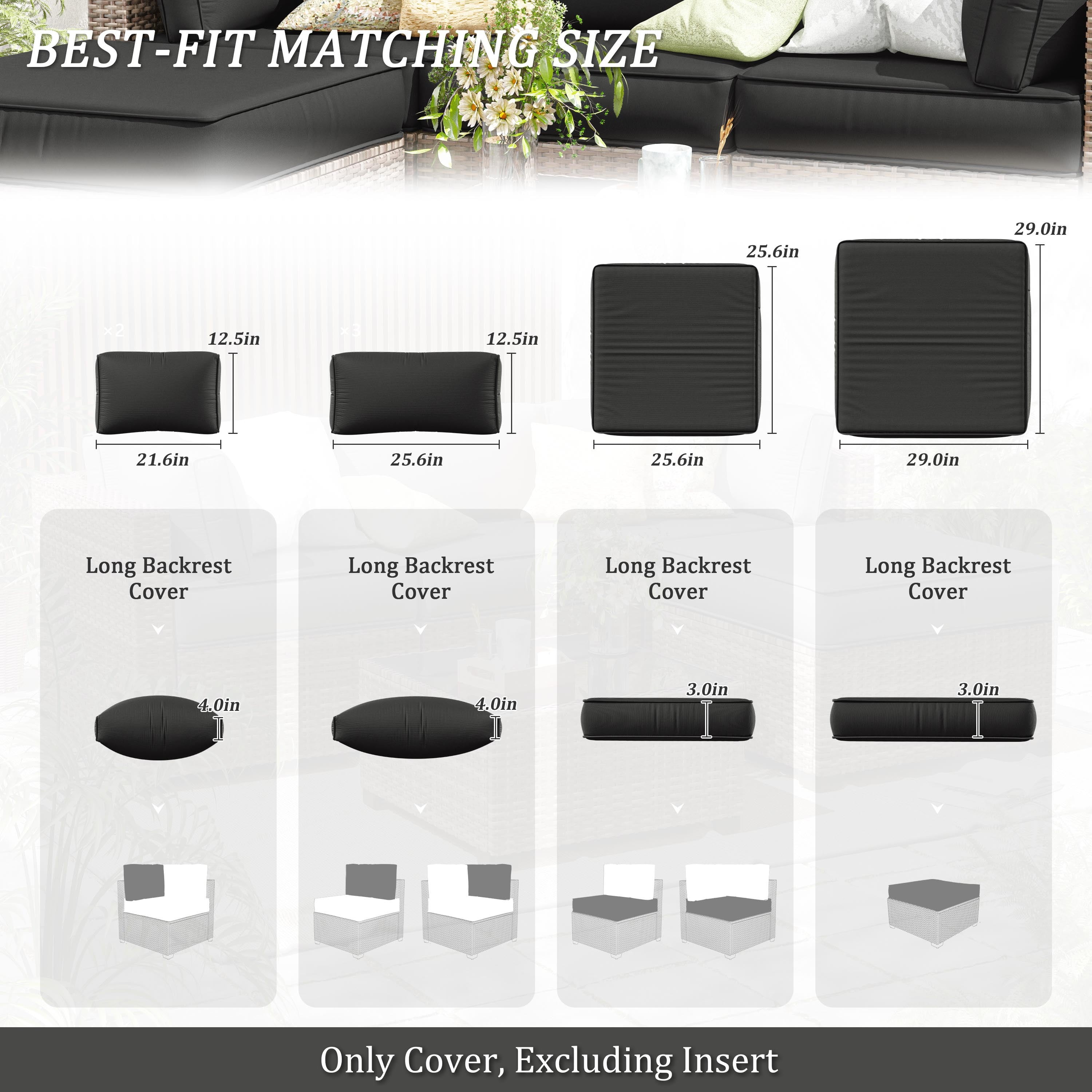Kimunuk 9Pcs Outdoor Slipcovers for Cushions, Waterproof Patio Cushion Replacement Covers with Zipper for 4-Seat Patio Furniture Set, Black