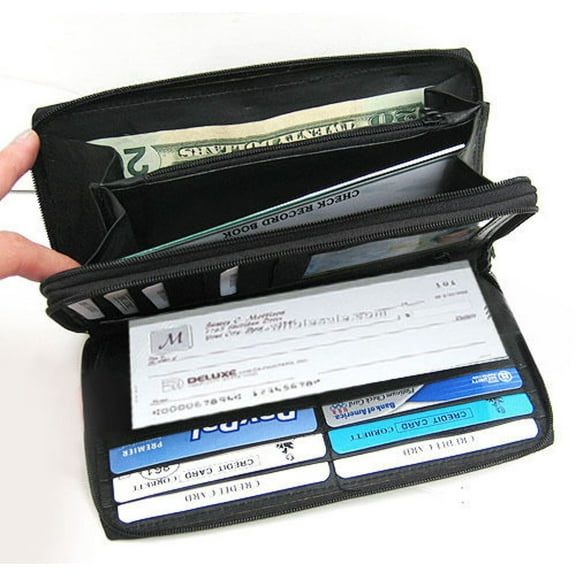 Black Genuine Leather Credit Card Checkbook Organizer Women's Clutch Wallet Zip