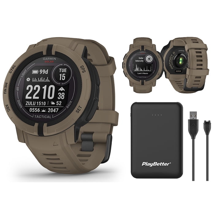 Garmin Instinct 2 Solar Tactical Rugged GPS Smartwatch - Power Bundle with  PlayBetter 5000mAh Portable Charger - Coyote Tan