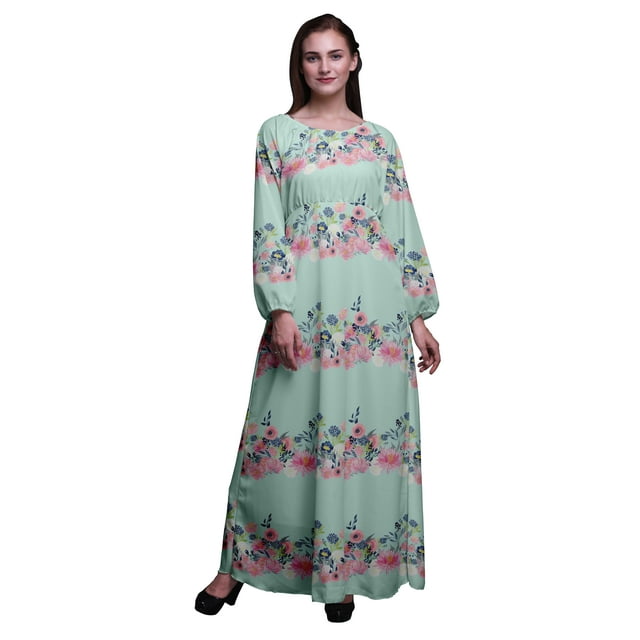Bimba Moss Georgette Ranunculus & Chrysanthemum Floral Printed Womens Long Sleeve MaxiDressElastic Waist Gown-Small
