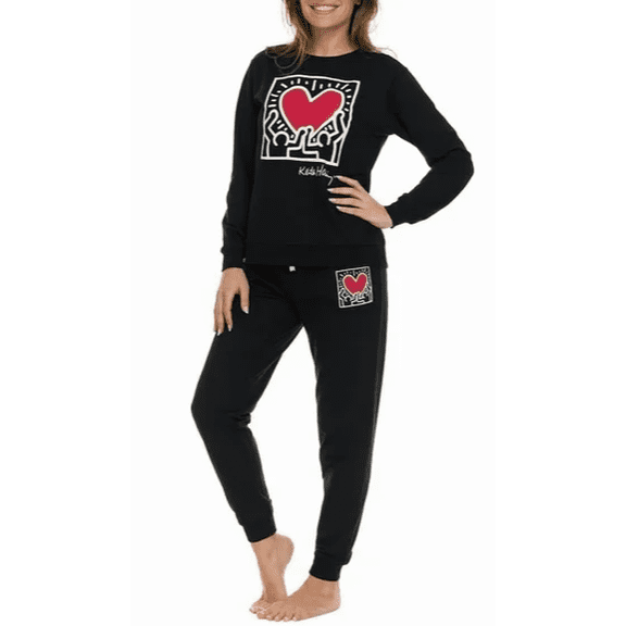 Keith Haring Women's 2 Piece Super Soft Fleece Pajama Set, Black, X-Small