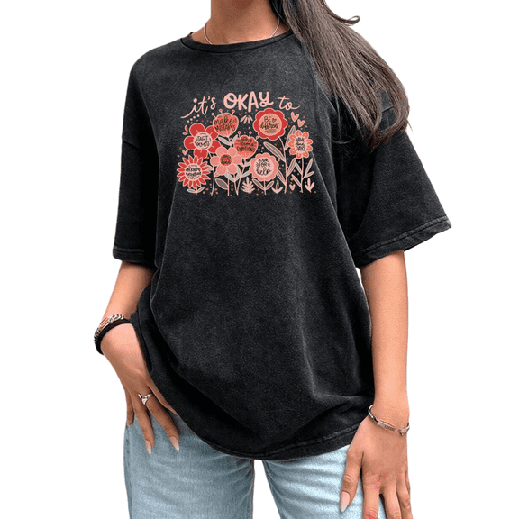 UNISHE Womens Positive Floral Quote Vintage Washed T-Shirt Short Sleeve Crew Neck Relaxed Fit Black S-5XL Tops