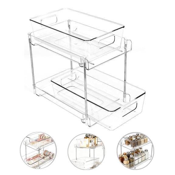1 Pack Under Sink Organizers and Storage for Bathroom or Kitchen, 2 Tier Pull Out Cabinet Vanity Counter Pantry Storage, Multi-Purpose Transparent Organizer with Drawers