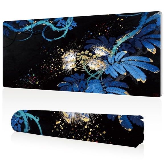 LIVEKEY Large Mouse Pad 80x40x0.3cm Black Background with Blue Branches and White Gold Flowers Full Desk Coverage Durable Easy Clean Non Slip Sewn Edges for Gaming Office
