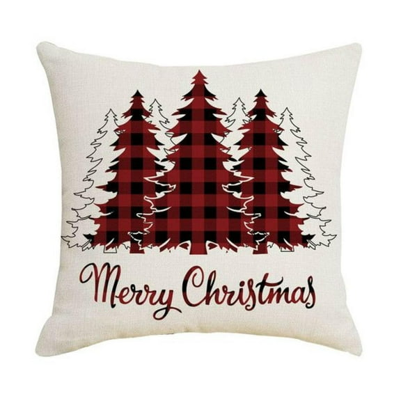 Ivory With Merry Christmas And Buffalo Plaid Trees Design Pillow
