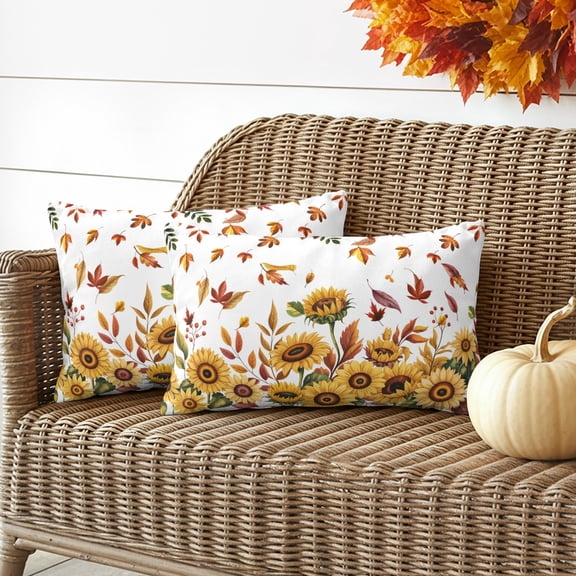 Thanksgiving Sunflower Outdoor Waterproof Pillow Covers Set of 2, Fall Yellow Floral Pillowcase Decorative Throw Cushion Cases for Patio Garden Couch 20 x 12 Inches