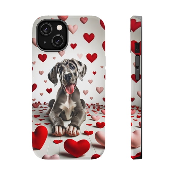 DistinctInk Tough Case for Apple iPhone 13 MINI (5.4" Screen), Compatible with MagSafe Charging - Valentine's Day Great Dane Puppy