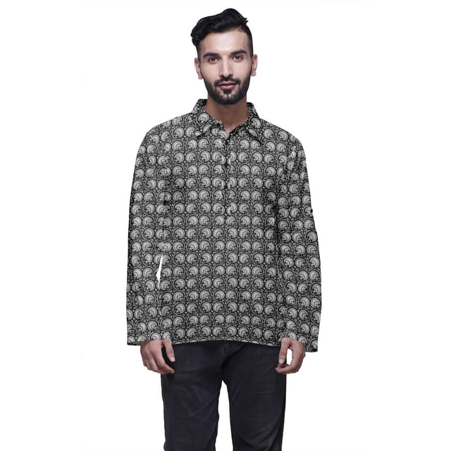 Atasi Kurta à Manches Longues pour Hommes, Coton Imprimé, Col Extensible à Écartement, Chemise Ethnique