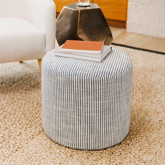 Hampton Round Pouf Ottoman - Blue and White Stripe