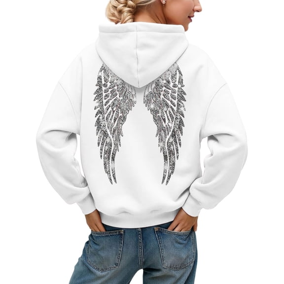 Women's Sparkle Rhinestone Angel Wings Hoodie Long Sleeve Sweatshirts | Drawstring Baggy Sweatshirt with Pocket, Mesh Back, Party Clubbing Outfit, Gothic Grunge, With Pockets