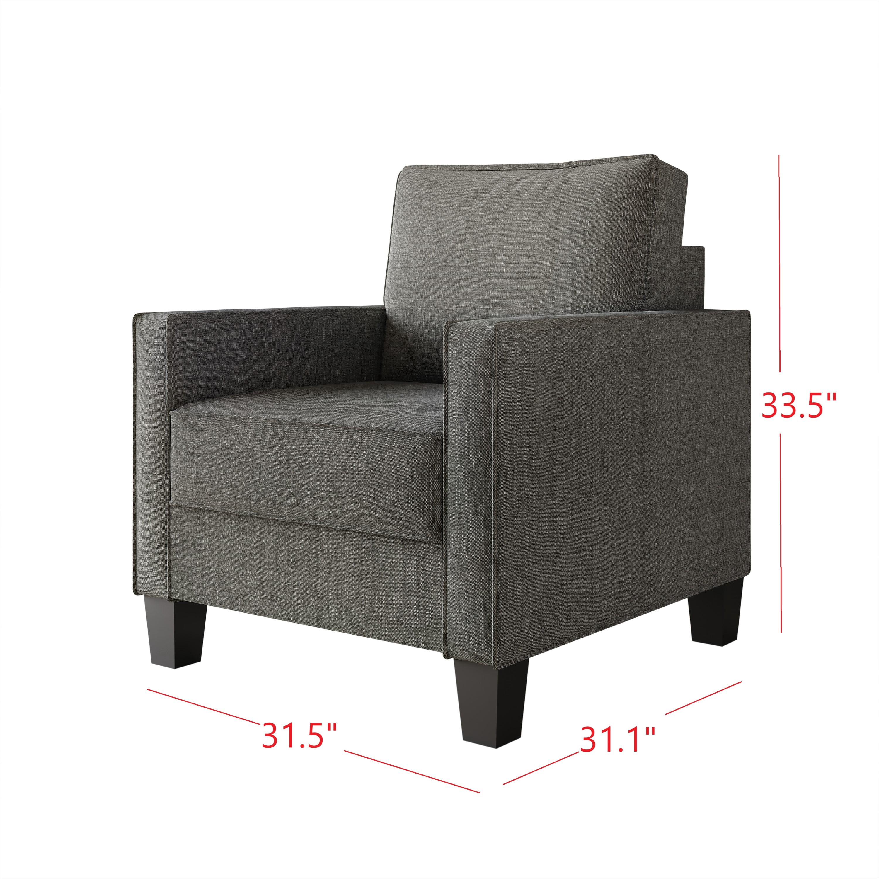 Home Design Marcia 3-Piece Square Arm Living Room Set with Armchair, Loveseat, and Sofa, Modern Upholstery and Black Legs, Gray
