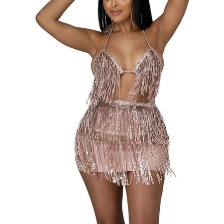 

Bebiullo Women s Belly Dance Sequin Tassel Skirt Set Fringe Bra Tops + Hip Scarf Rave Mini Festival Skirts Pink XL