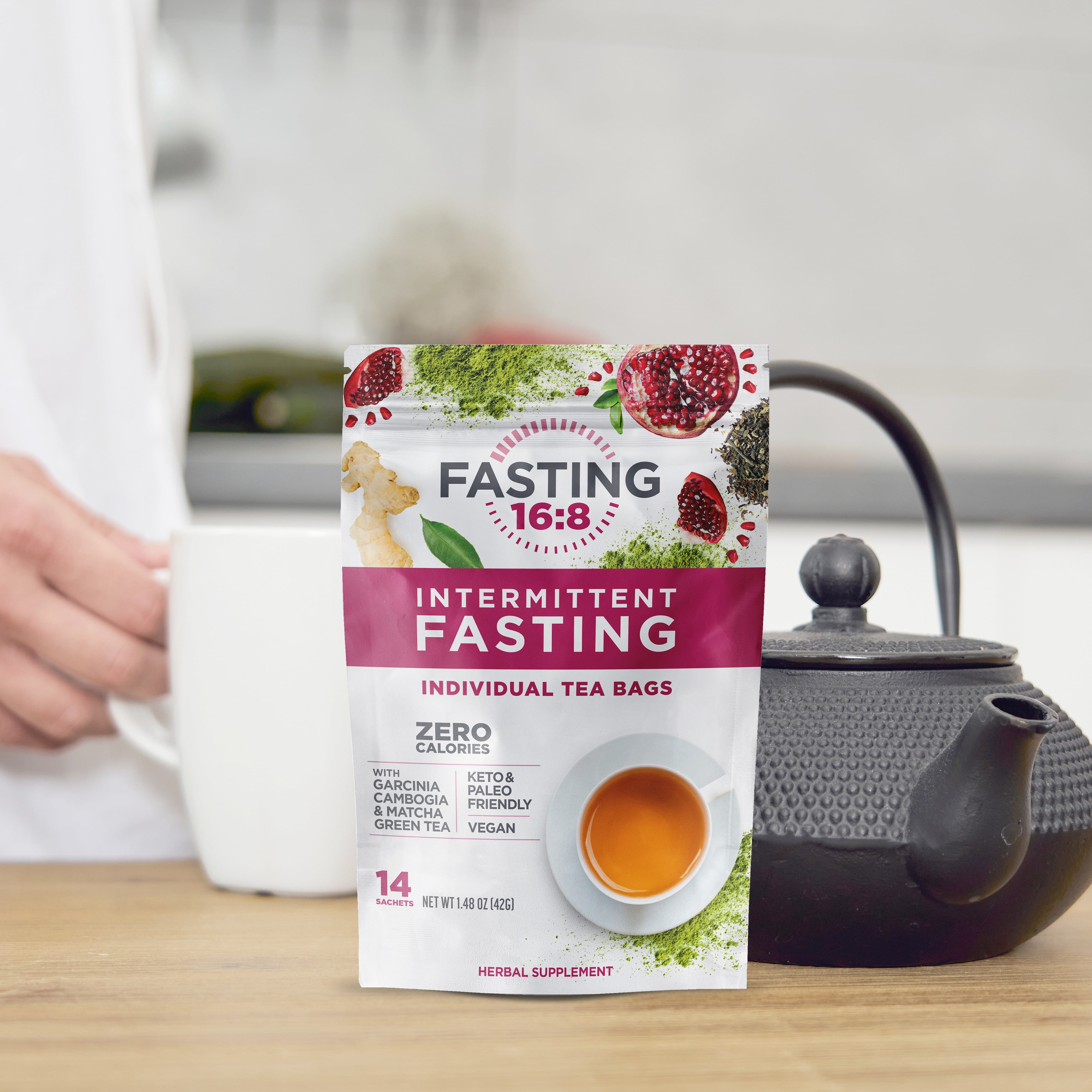 Fasting 16:8 Intermittent Fasting Individual Tea Bags, 0 Sugar, 0 Calories, Vegan, Gluten & Diary Free, 14 Count