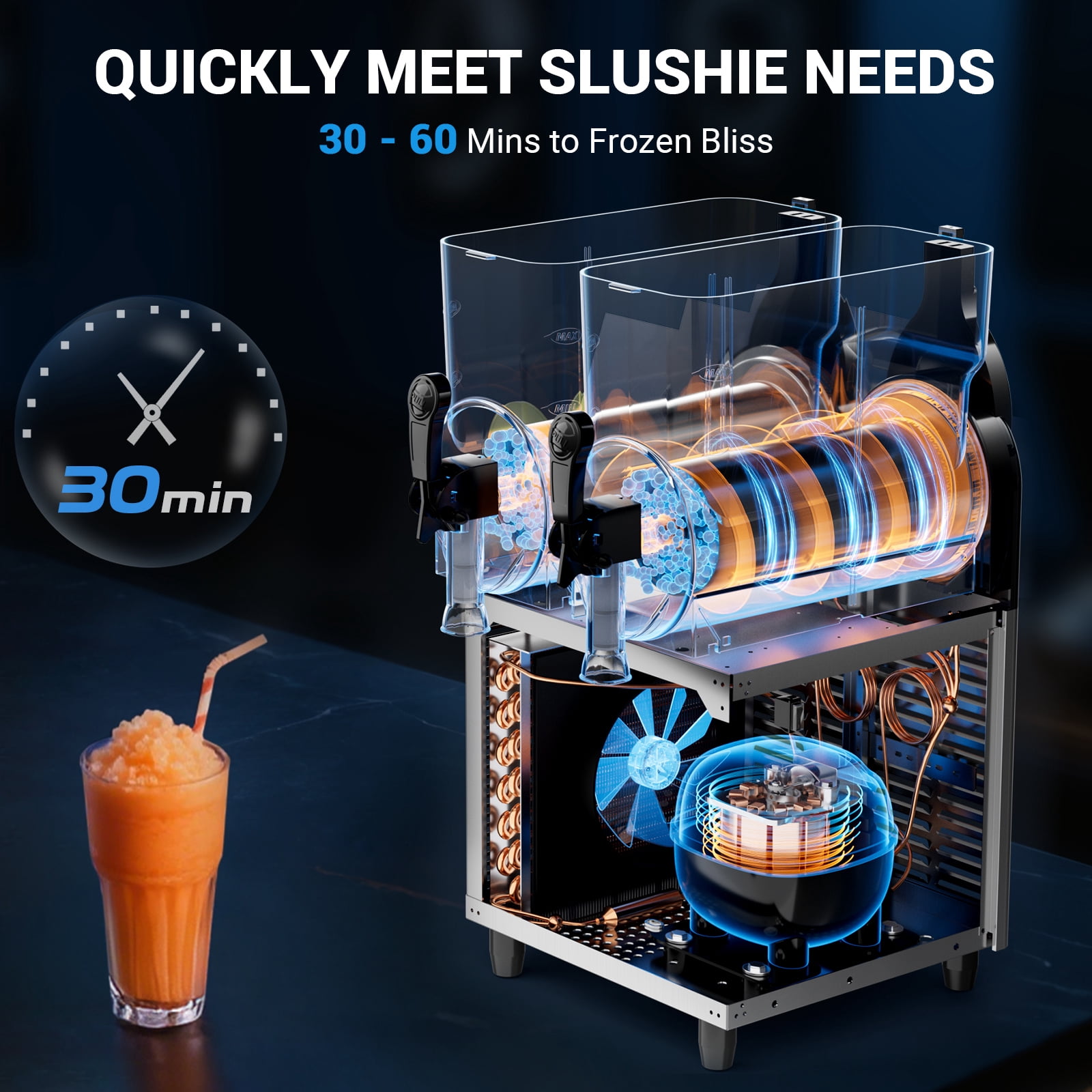 Joreek 6.4Gal/24L Commercial Slushy Machine Independently Control 2 Tank 5-45 Minutes to Make Margarita & Slushie & Cold Drink,Built-in LED Light Frozen Drink Maker Self-cleaning
