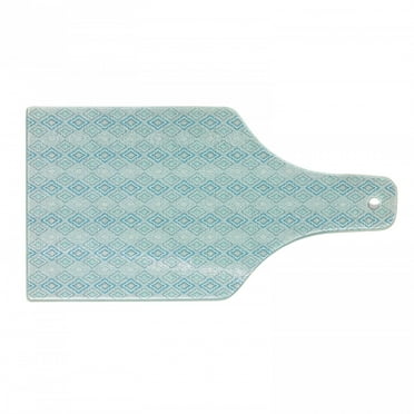 Ikat Cutting Board, Pale Colored Geometric Aztec Pattern Traditional Peruvian Culture Elements, Tempered Glass Cutting and Serving Board, Wine Bottle Shape, Grey White Sky Blue, by Ambesonne