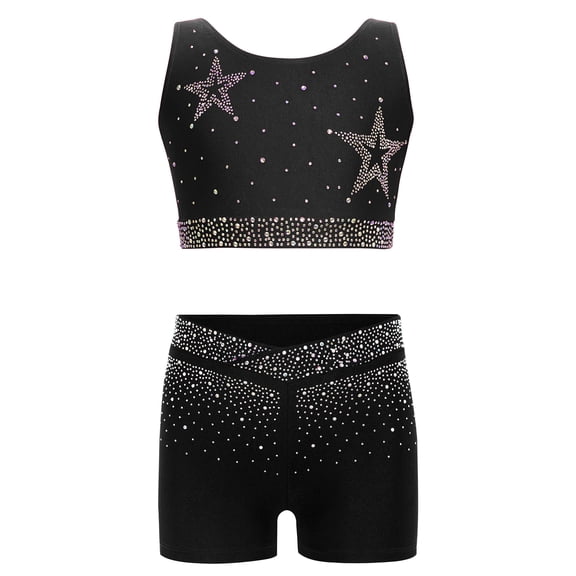 TTAO Girls' Sleeveless Crop Tops With Dance Shirts And Short Gymnastics Shorts Glitter Rhinestones Fitness Yoga Two Piece Sports Outfits Black 10