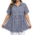 thumbnail image 2 of ClodeEU Women's Striped Embroidered Plus Size Print Short Sleeve Peplum Blouse, Casual Button Down Summer Shirt Navy,Women's Plus XXXL, 2 of 6