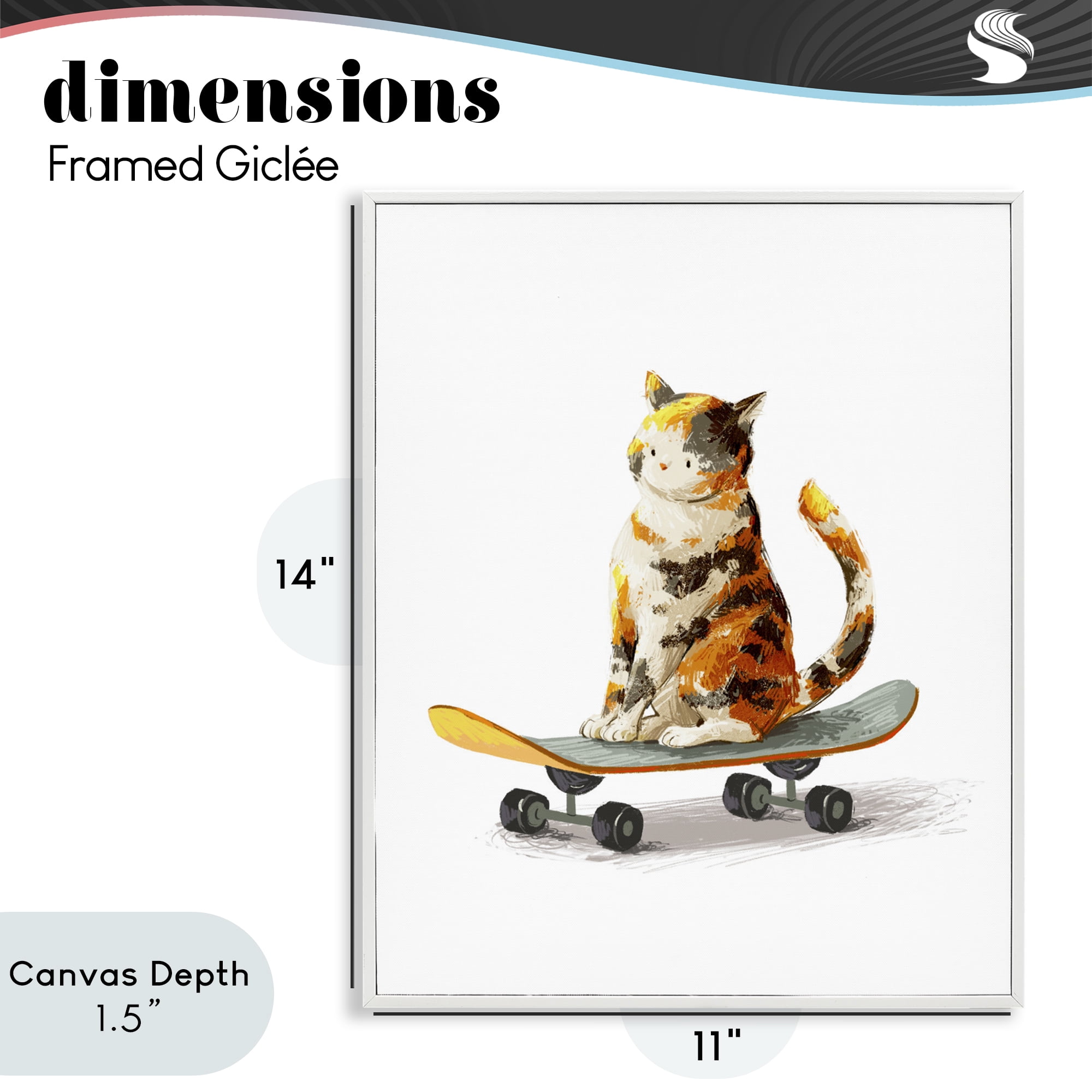 Stupell Industries Calico Cat on a Skateboard White Framed Giclee Art, design by Ziwei Li