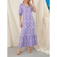 thumbnail image 6 of Franhais Women Long Dress, Elegant Short Sleeve V Neck Flower/Graphic Print Loose Swing Dress Summer Casual Dress, 6 of 9