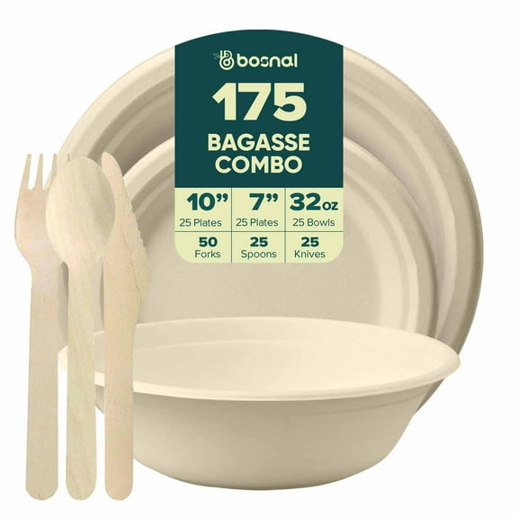 BOSNAL 10 Inch & 7 Inch Round Bagasse Plates, 32 Oz Bowls with Cutlery – Compostable, Biodegradable & Eco-Friendly Disposable Meal Set for Parties, Catering & Events