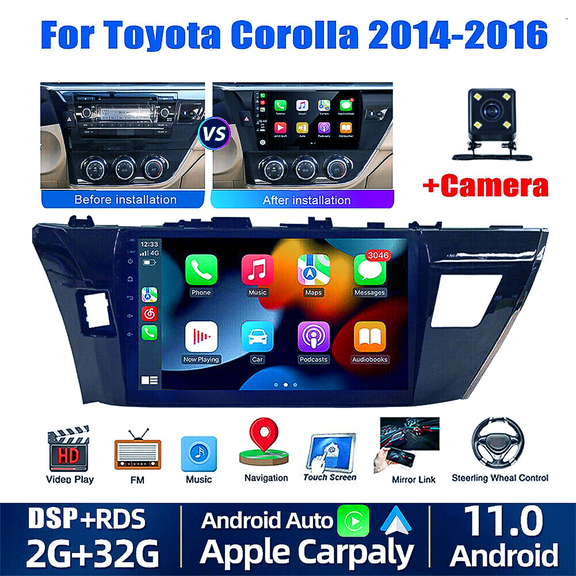 For Toyota Corolla Android Radio 2014-2016 with Apple CarPlay Android Auto, 9 inch Android 12 Car Stereo Touchscreen with GPS Navi WiFi RDS Backup Camera 2G 32G