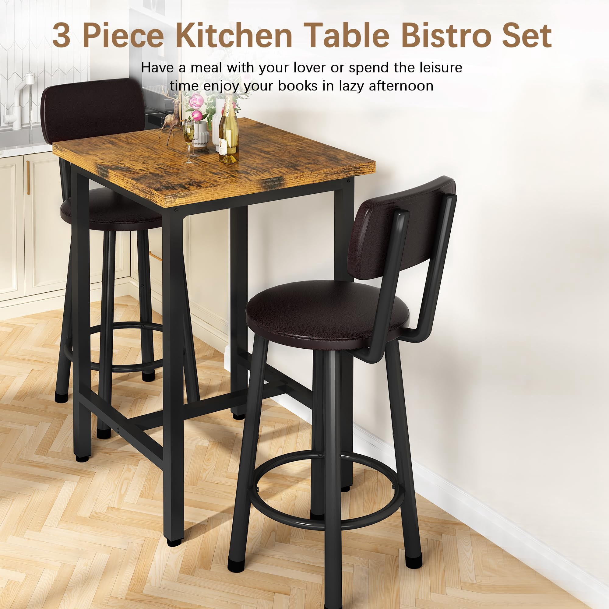 MOOSENG Bar Table Set of 2, Bistro Kitchen Table Sets with 2 PU Leather Bar Stools, Wood Pub Bar Table Set for Breakfast Nook Small Space Restaurant, Square Table