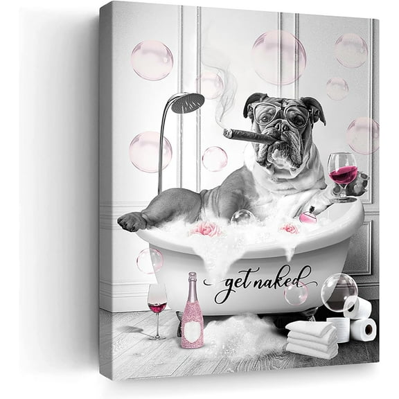 Funny Dog Bathroom Wall Art Black and White Animals Bulldog Wall Decor Dog in Bathtub Bathing Canvas Prints Unframed Artwork Pink Bubbles Pug Bathroom Decor Wall Art for Restroom
