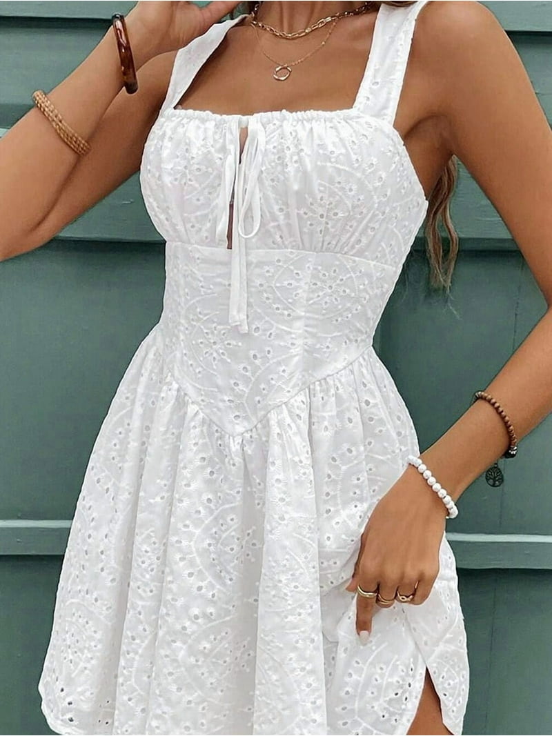 Backless Lace Up Short Dress 2025 Casual Summer Sleeveless Cute Birthday  Party Gown Low Cut Dress White L - Walmart.com