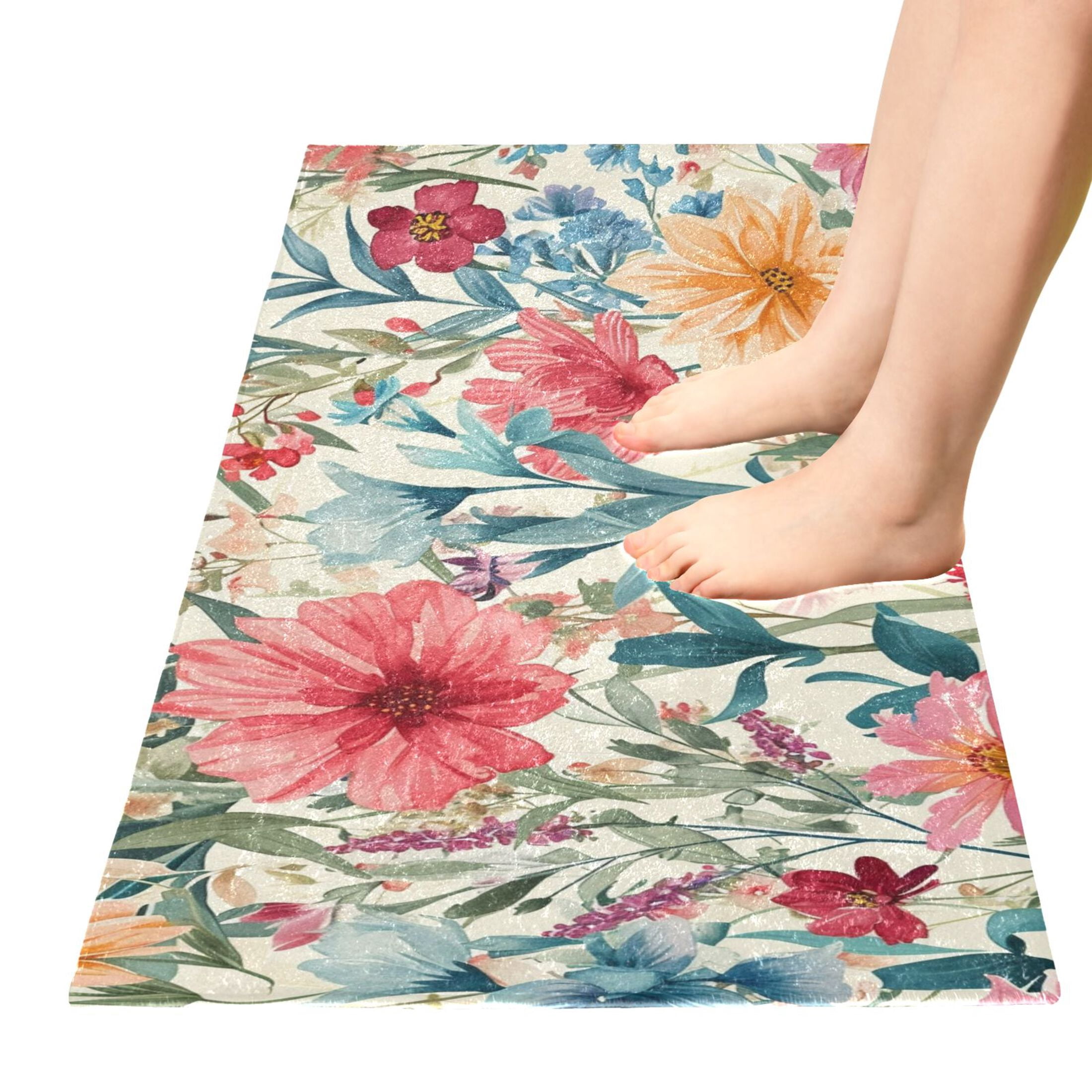 Bath Mat Soft Plush Non-Slip Absorbent Bathroom Rugs 39"x20" Watercolor Blooming Wildflowers