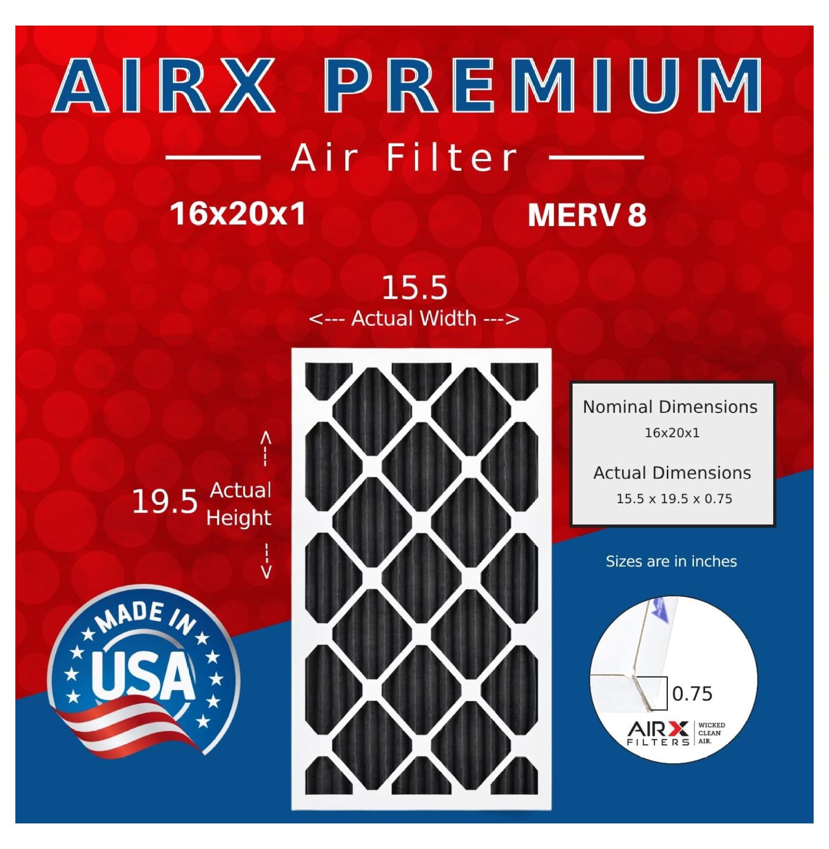 WICKED CLEAN AIR. 16x20x1 Air Filter Odor Carbon Filter MERV 8 HVAC Furnace Filters 6 Pack