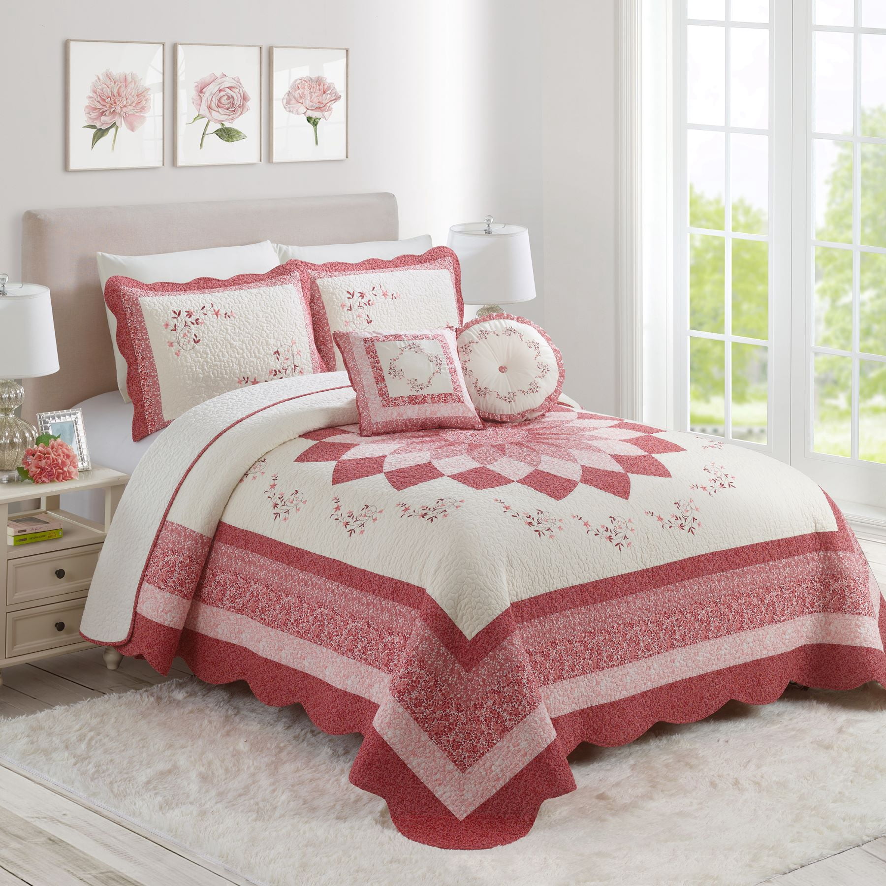 Modern Heirloom Caroline Red Floral Embroidered and Pieced Single Pillow Sham, Standard Size