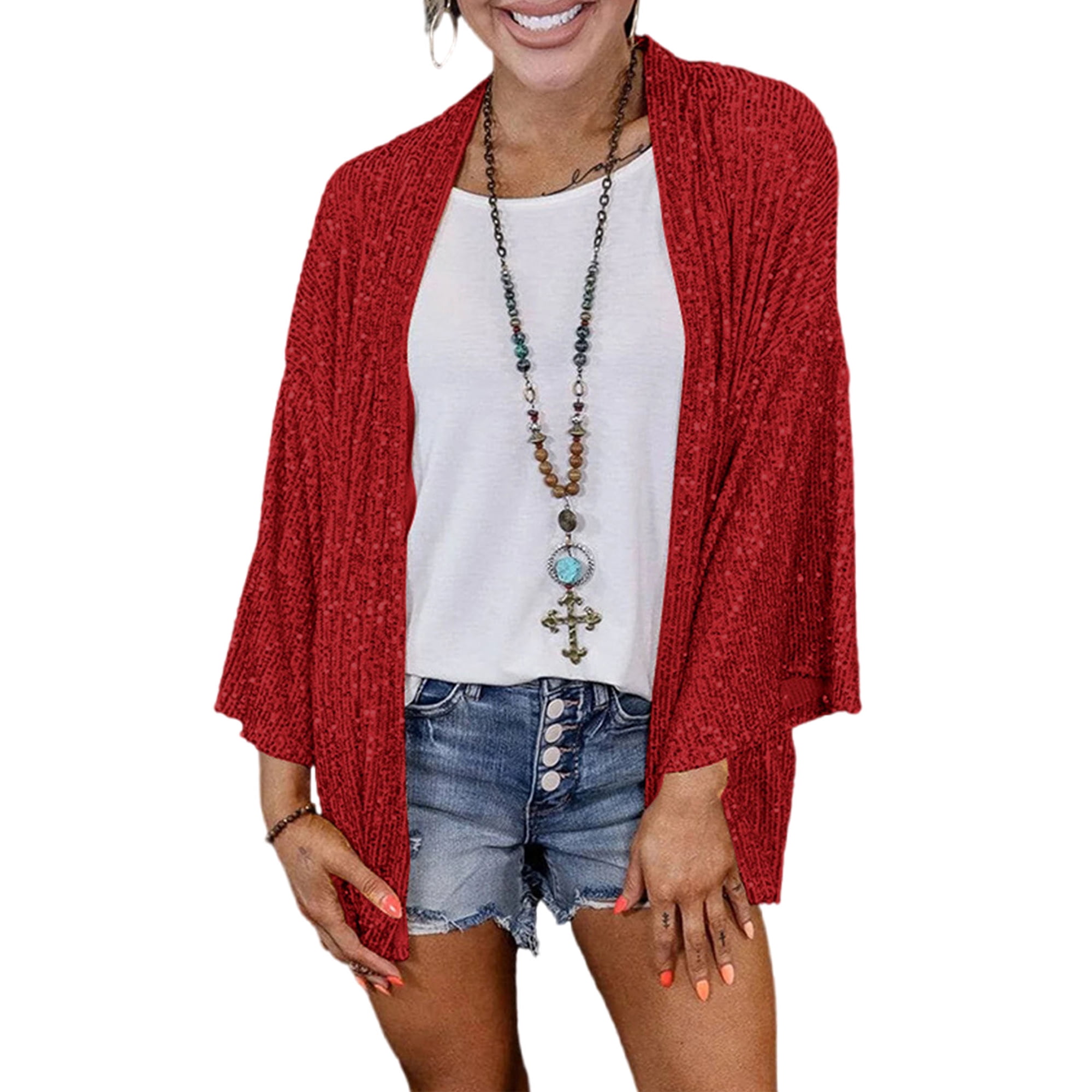 Bellella Ladies Outwear Long Sleeve Coat Open Front Cardigan Sweater Warm Sequins Jacket Women Red L