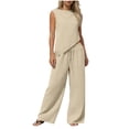 thumbnail image 6 of Cotton Linen Outfits for Women Summer Trendy Vacation Clothes 2 Piece Sleeveless Tank Top Wide Leg Pants Set (XL, Khaki), 6 of 7